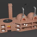 Traditional Brick Oven Setup with Two Dome Shaped Ovens Chimneys Shelves Clay Pots and Plates