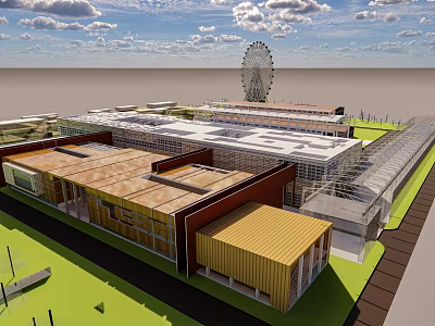 Modern Industrial Park With Various Buildings Different Colored Roofs Green Lawns And Distant Ferris Wheel 3d model