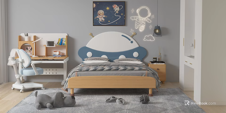 Fun Kids Bed with UFO Shaped Headboard Star Pattern Astronaut Decor and Plush Toys 3d model 