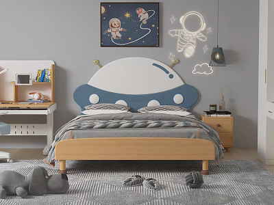 Fun Kids Bed with UFO Shaped Headboard Star Pattern Astronaut Decor and Plush Toys 3d model