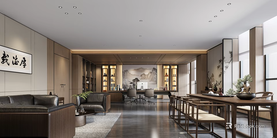 Traditional Chinese Style Office Interior With Wooden Furniture Landscape Painting Sofa Desk And Bookshelves 3d model 