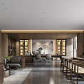 Traditional Chinese Style Office Interior With Wooden Furniture Landscape Painting Sofa Desk And Bookshelves