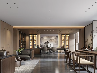 Traditional Chinese Style Office Interior With Wooden Furniture Landscape Painting Sofa Desk And Bookshelves 3d model