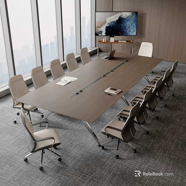Modern Conference Table With Office Chairs Large Windows City View TV And Documents 3d model 