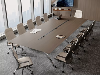 Modern Conference Table With Office Chairs Large Windows City View TV And Documents 3d model