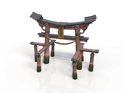 Traditional Japanese Torii Gate Wooden Structure With Curved Lintel And Stone Bases 3d model