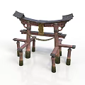 Traditional Japanese Torii Gate Wooden Structure With Curved Lintel And Stone Bases
