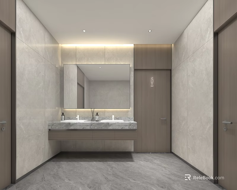 Modern Public Restroom With Double Sinks And Large Mirror 3d model