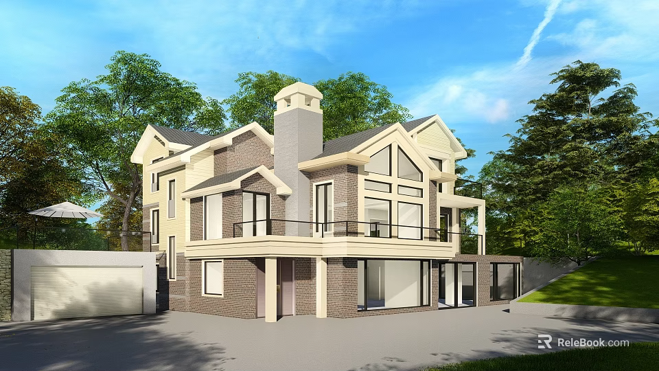 Two Story Detached House Exterior With Brick Siding Large Windows Chimney And Trees 3d model 