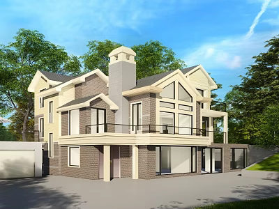 Two Story Detached House Exterior With Brick Siding Large Windows Chimney And Trees 3d model