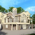 Two Story Detached House Exterior With Brick Siding Large Windows Chimney And Trees
