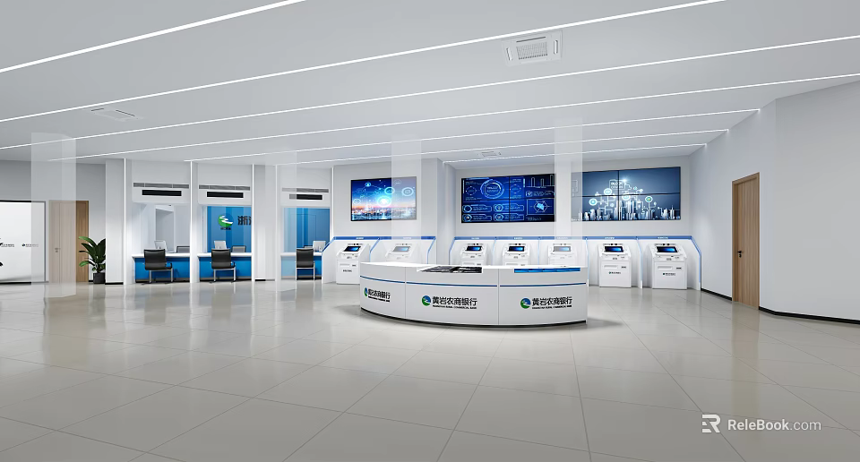 Modern Service Hall With Self service Kiosks And Digital Screens 3d model 