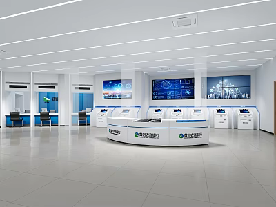 Modern Service Hall With Self service Kiosks And Digital Screens 3d model
