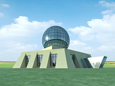 Modern Spherical Glass Dome Structure With Light Pedestal On Green Grass Under Blue Sky 3d model