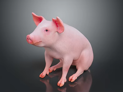 Pink Piglet Sitting With Ears And Hooves On Dark Reflective Background 3d model
