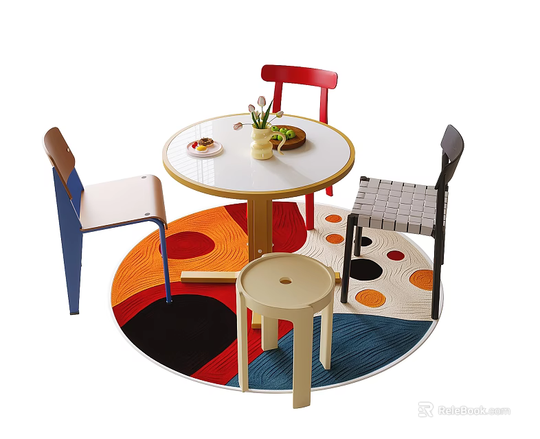 Round White Dining Table Set with Colorful Chairs and Patterned Rug 3d model