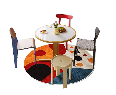Round White Dining Table Set with Colorful Chairs and Patterned Rug 3d model