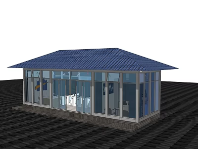 Modern Glass Sunroom Structure With Blue Roof And Transparent Walls On Black Floor 3d model