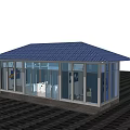 Modern Glass Sunroom Structure With Blue Roof And Transparent Walls On Black Floor