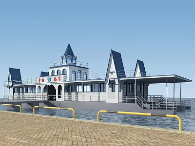 Scenic Waterfront Building with Pointed Roofs Brick Pavement and Yellow Railings 3d model