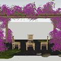 Wooden Pergola Covered With Purple Flowers And Outdoor Seating With Stones