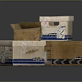 Various Stacked And Open Cardboard Boxes With Labels And Tape On Dark Surface