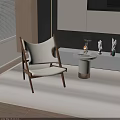 Modern Accent Chair with Wooden Frame and White Cushion in Living Room with Side Table