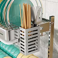 Stainless Steel Kitchen Utensil Organizer With Wooden Handle Knives Green Plates And Dish Drainer