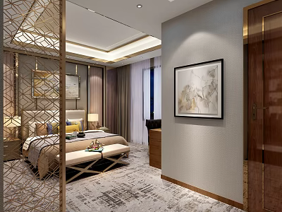 Elegant Hotel Guest Room With King Bed Golden Lattice Screen And Decorative Painting 3d model