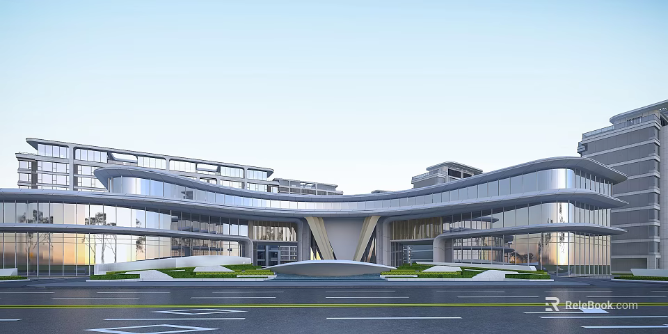 Modern Architectural Exterior With Curved Glass Facade Multi Storey Structure Spacious Entrance And Greenery 3d model 