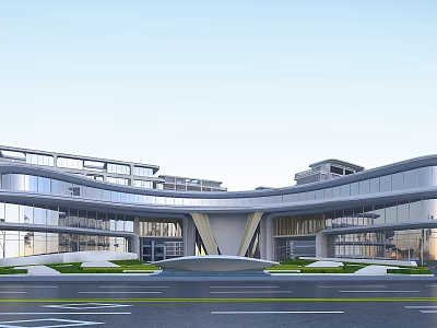 Modern Architectural Exterior With Curved Glass Facade Multi Storey Structure Spacious Entrance And Greenery 3d model