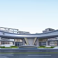 Modern Architectural Exterior With Curved Glass Facade Multi Storey Structure Spacious Entrance And Greenery
