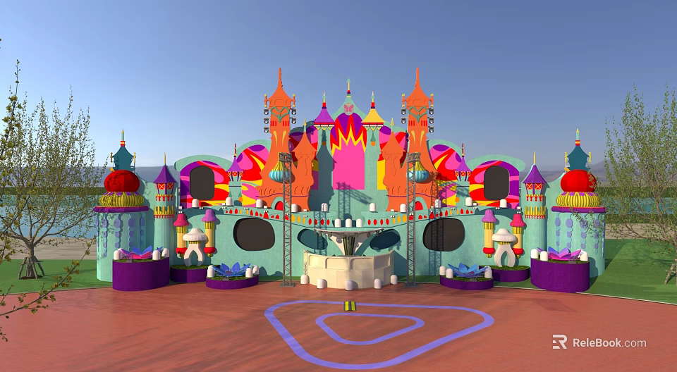 Colorful Castle Themed Kids Play Area With Vibrant Towers Round Windows And Decorative Floor Patterns 3d model 