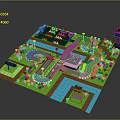 Scenic Landscape With Curved Roads Green Grass Blue Pond And Buildings