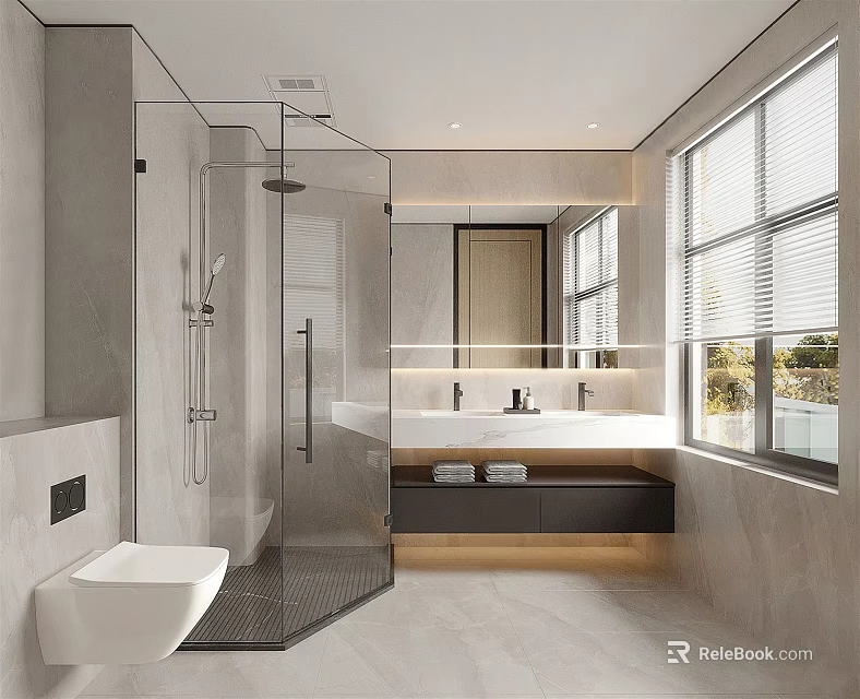 Modern Bathroom Interior With Glass Shower Backlit Mirror And Marble Tiles 3d model 