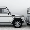 Two White Classic SUV Cars Parked Side By Side With Sleek Body And Alloy Wheels Design