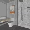 Hotel Bathroom Modern Design With Large Mirror Wooden Vanity Gray Marble Walls And Decorative Paintings