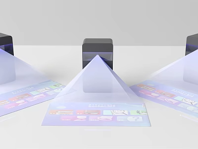 3D Pyramid Display With Colorful Base Cards Icon Elements And Black Cube Center 3d model