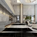 Elegant Hotel Lobby Interior With Marble Floors Large Windows Sofas Coffee Table And Green Plant 3d model