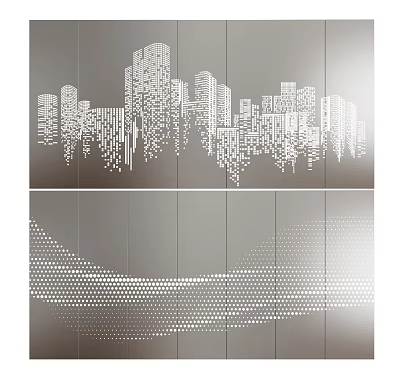 Modern Urban Silhouette And Perforated Wave Pattern Wall Art Design 3d model