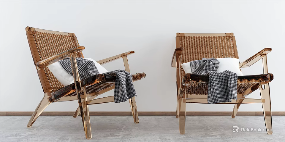 Rattan Leisure Chairs With Metal Frame White Cushions And Checkered Blanket In Modern Style 3d model 