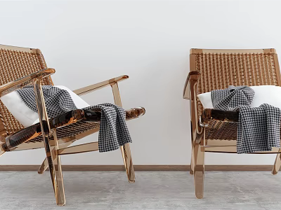 Rattan Leisure Chairs With Metal Frame White Cushions And Checkered Blanket In Modern Style 3d model