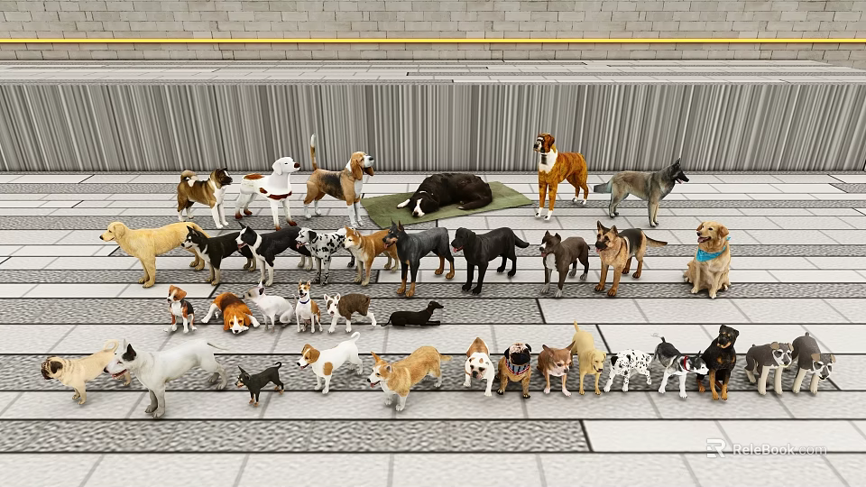 Various Dog Breeds Standing Together On Tiled Floor Indoors 3d model 