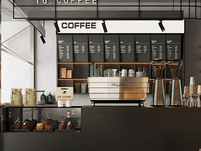 Modern Coffee Shop Interior With Bar Counter Coffee Machine And Pastries On 3d model