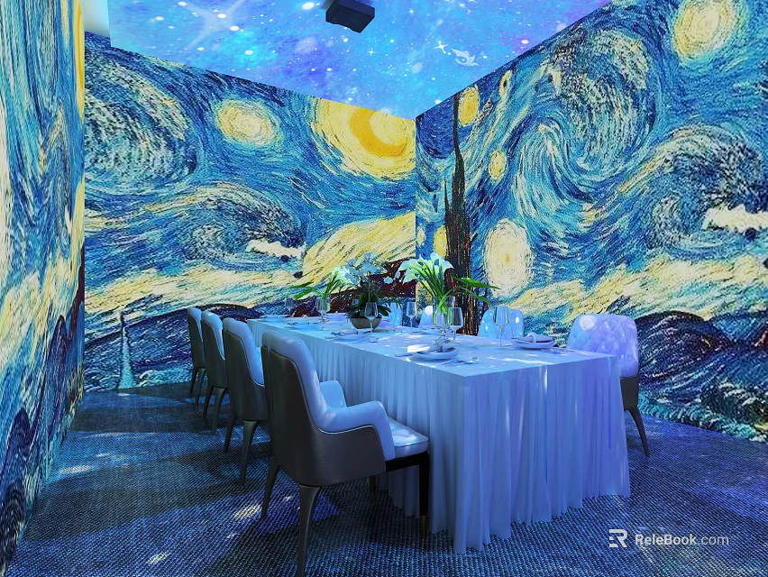 Van Gogh Starry Night Themed Restaurant Interior With Long Dining Table And Artistic Decor 3d model 