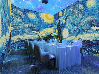 Van Gogh Starry Night Themed Restaurant Interior With Long Dining Table And Artistic Decor 3d model