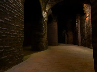 Historic Arched Corridor Interior With Brick Walls Stone Floor And Warm Lighting 3d model