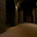 Historic Arched Corridor Interior With Brick Walls Stone Floor And Warm Lighting