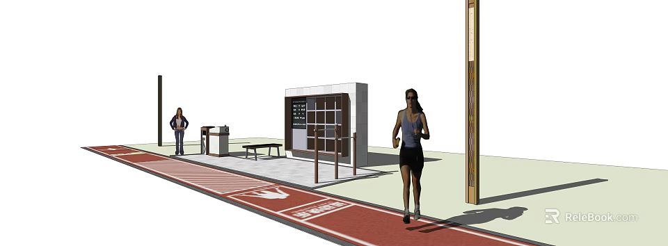 Public Rest Area With Red Running Track Bench And Information Kiosk 3d model 