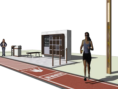 Public Rest Area With Red Running Track Bench And Information Kiosk 3d model